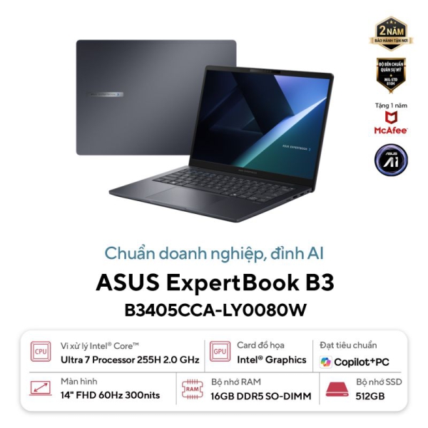 Laptop ASUS ExpertBook B3 | B3405CCA-LY0080W | Intel Ultra 7 225H | 16GB DDR5 | 512GB | 63W