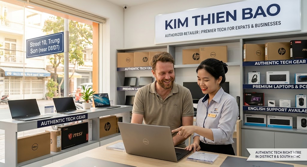 Expat customer buying an authentic laptop at Kim Thien Bao store near District 8 HCMC